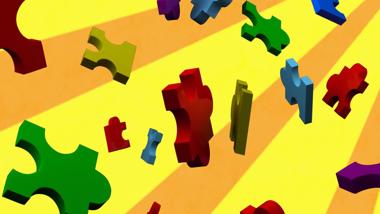 animación de piezas de rompecabezas coloridas que caen sobre rayas de hilado naranja sobre fondo amarillo