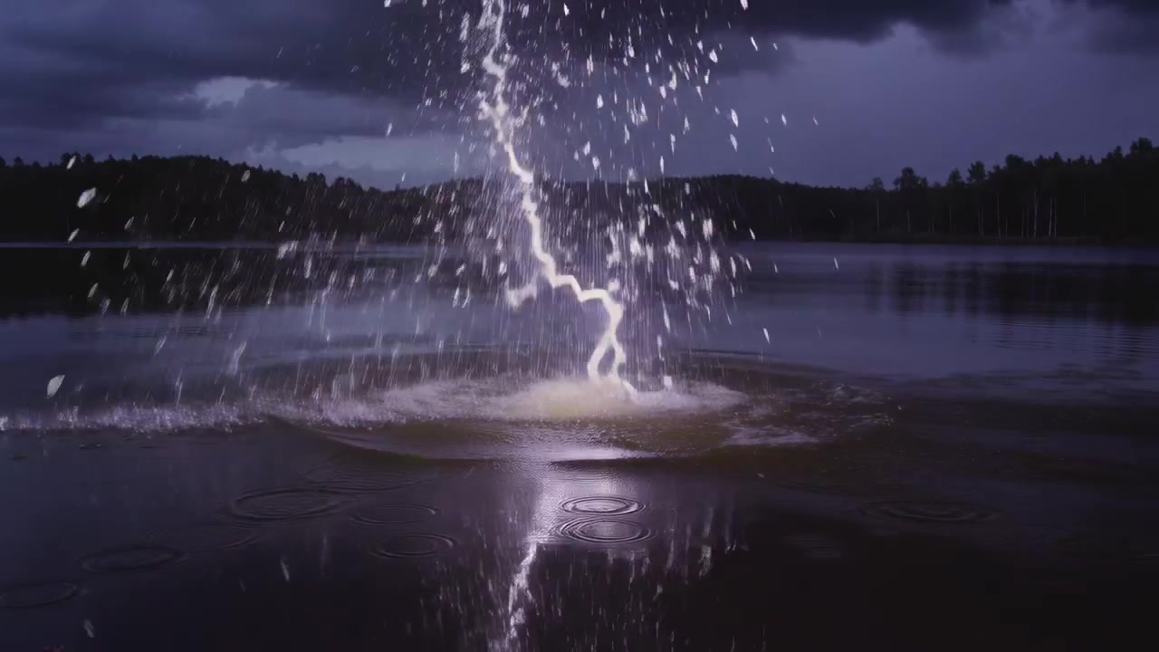 Clouds releasing lightning bolt striking lake at dusk, making tall splash, forming ripples