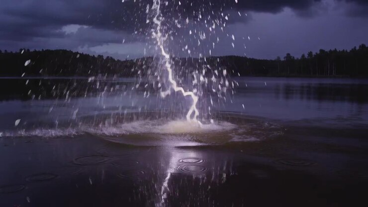 Clouds releasing lightning bolt striking lake at dusk, making tall splash, forming ripples