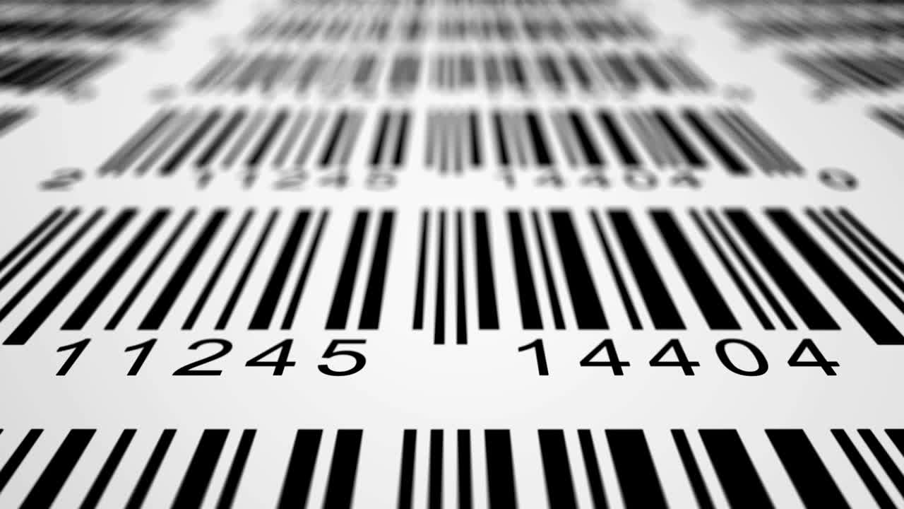 제품에 바코드가 있는 빨간색 레이저 스캐닝 라벨의 클로즈업 뷰.