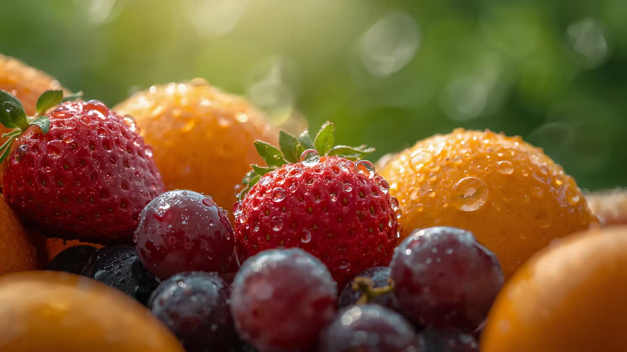 Shifting camera pulling focus to orange at garden table, revealing dew on strawberry and grapes