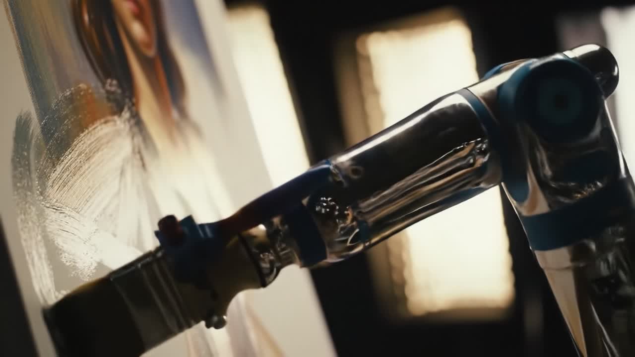 A Robotic Arm Skillfully Manipulates a Paintbrush, Creating Intricate Designs on a Canvas with Precision and Artistic Flair in a Studio Setting