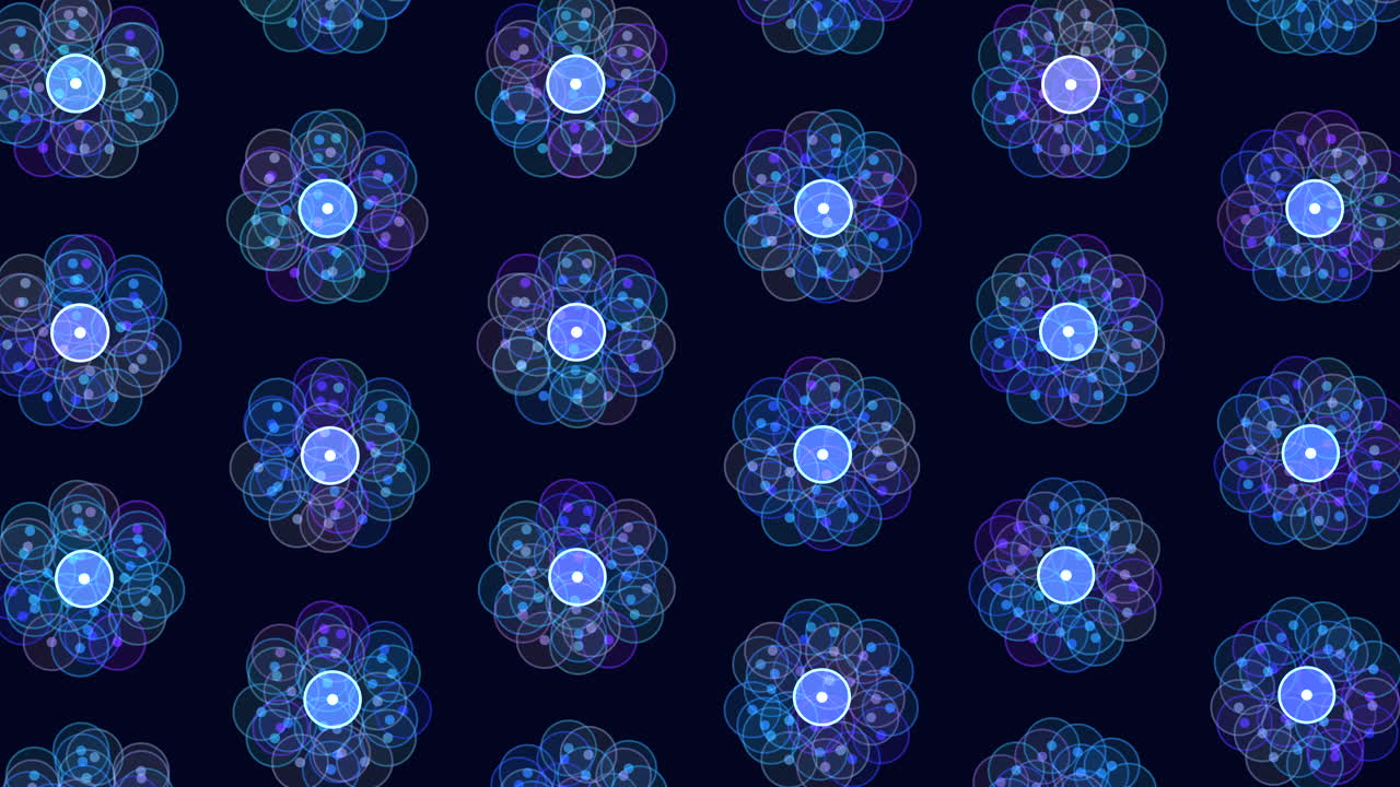 A mesmerizing design of glowing purple and blue circles forming a 3D pattern on a dark backdrop. The circles are arranged in a circular formation