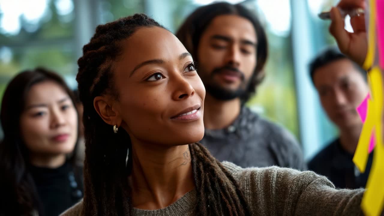 Engaged Collaboration: A Group of Individuals Observing a Creative Brainstorming Session, Where One Participant Contributes Ideas on a Board While Others Watch Attentively