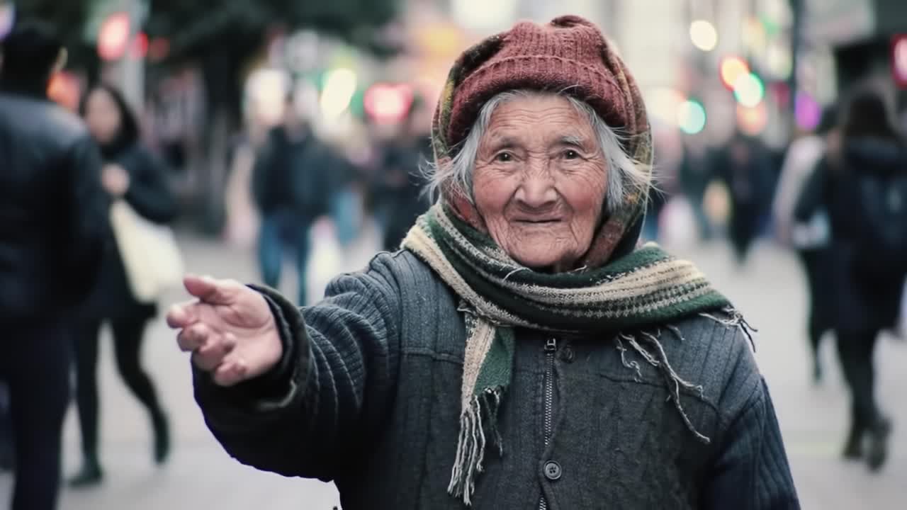 An elderly woman in a warm hat reaches out her hand on a busy city street, seeking help from passersby.