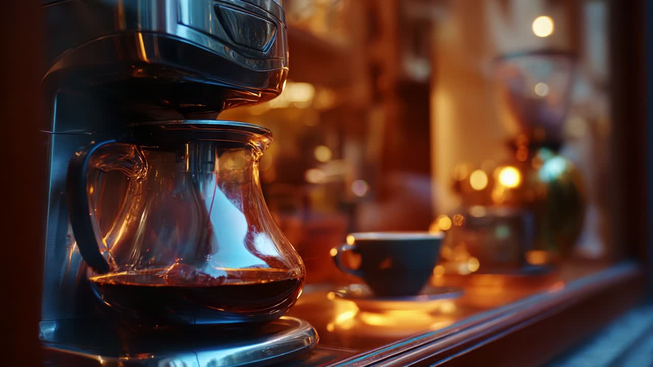 A Beautifully Brewed Coffee Scene: Capturing the Essence of Morning Rituals with Glowing Light Reflecting off the Coffee Maker and Warm Ambiance Inviting You to Enjoy a Fresh Cup of Coffee