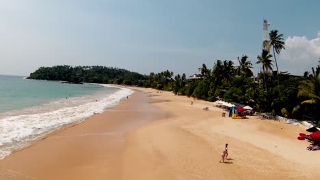 drone aéreo sobre la popular playa turística de arena en sri lanka en un día soleado con cielos azules y palmeras tropicales