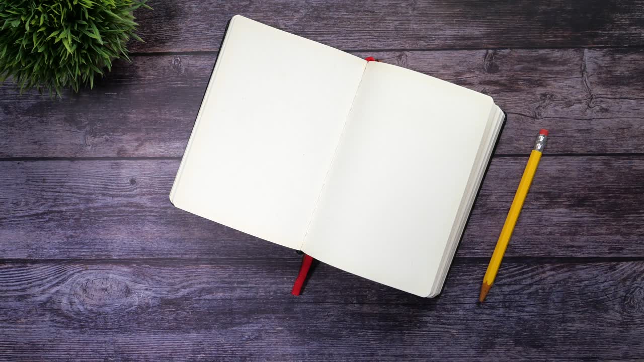 Open Notebook, Pencil, and Plant on Wooden Desk