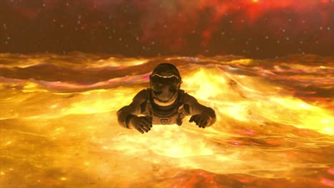 astronaut swimming in molten lava on an alien planet