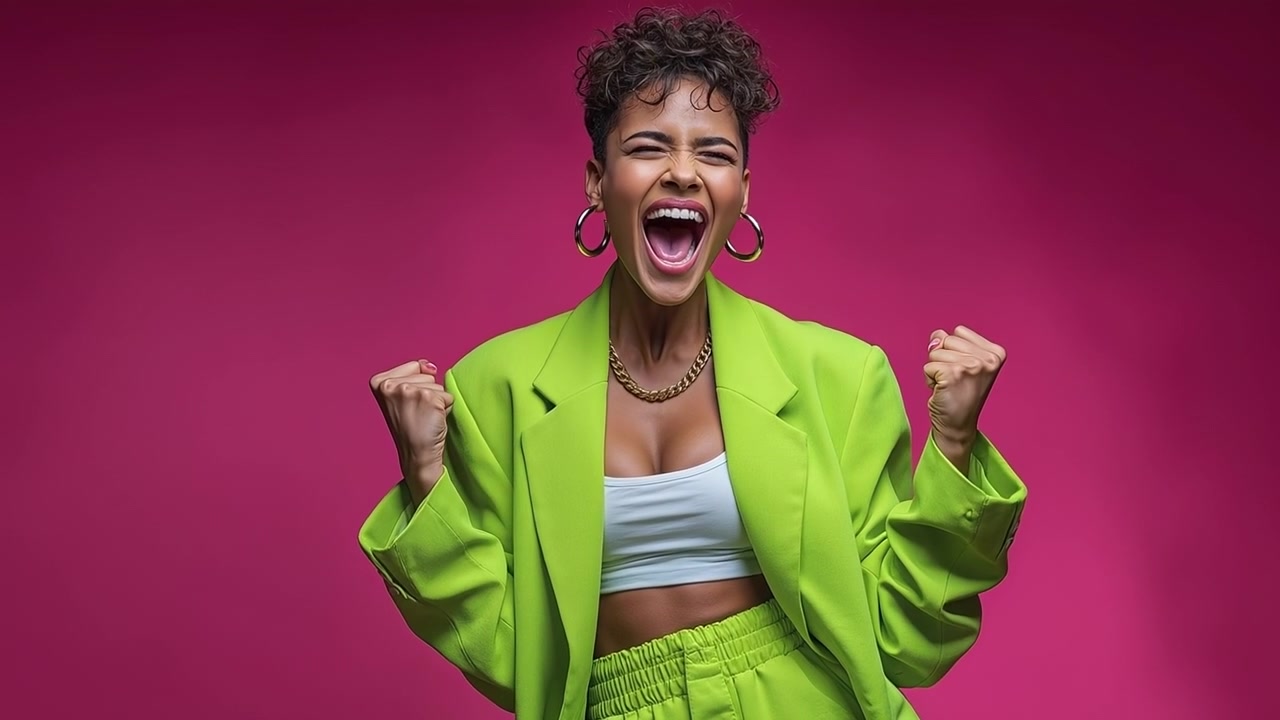 Giovane donna allegra in un completo verde lime brillante che festeggia con entusiasmo su uno sfondo magenta