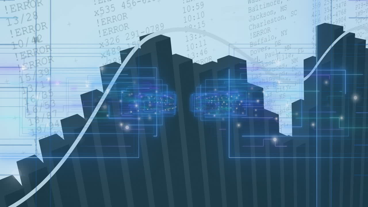 data visualization being rendered in 3D space, with blue bar charts, blue line graph, glowing nodes