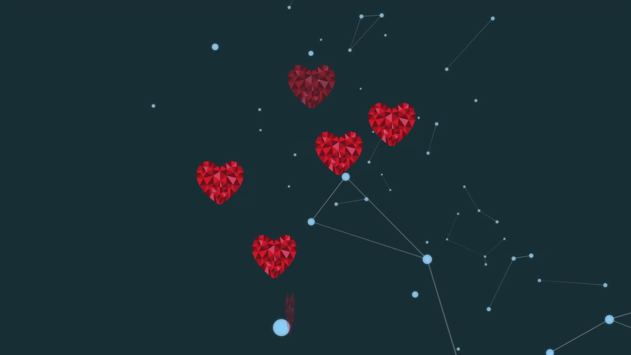 анимация сети связей с сердцами на темном фоне