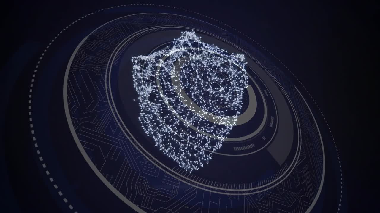 Animation of digital shield over black background with rotating circles