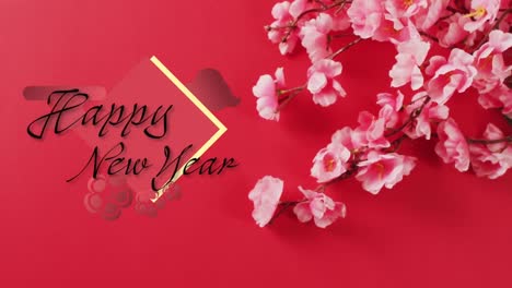 animation of new year greetings text over chinese traditional decorations on red background