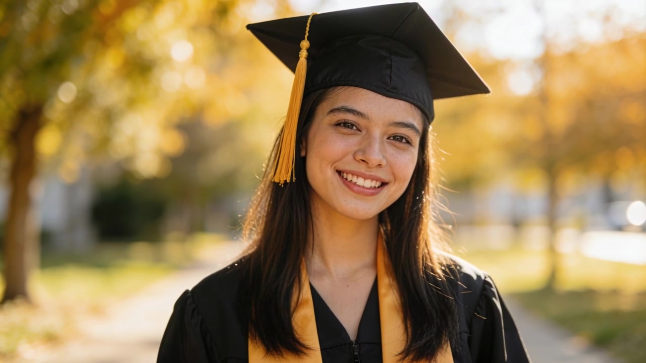 Scatto dell'otturatore, laureato che sorride e inclina la testa su un sentiero del campus per un ritratto di laurea, tocco e stola