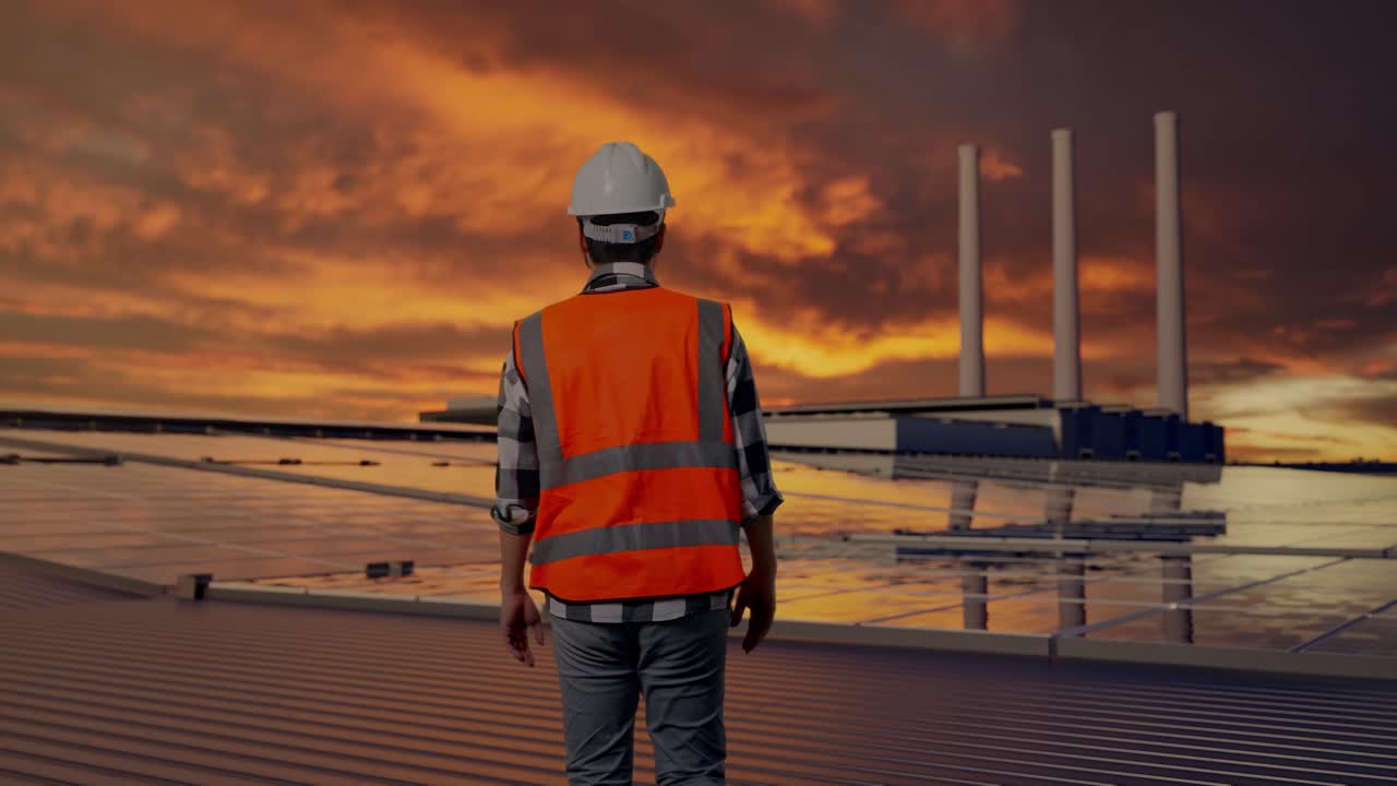 Back of Asian Male Engineer Waving Hand Saying Bye While Walking and Inspecting Solar Panels on Rooftop at Sunset