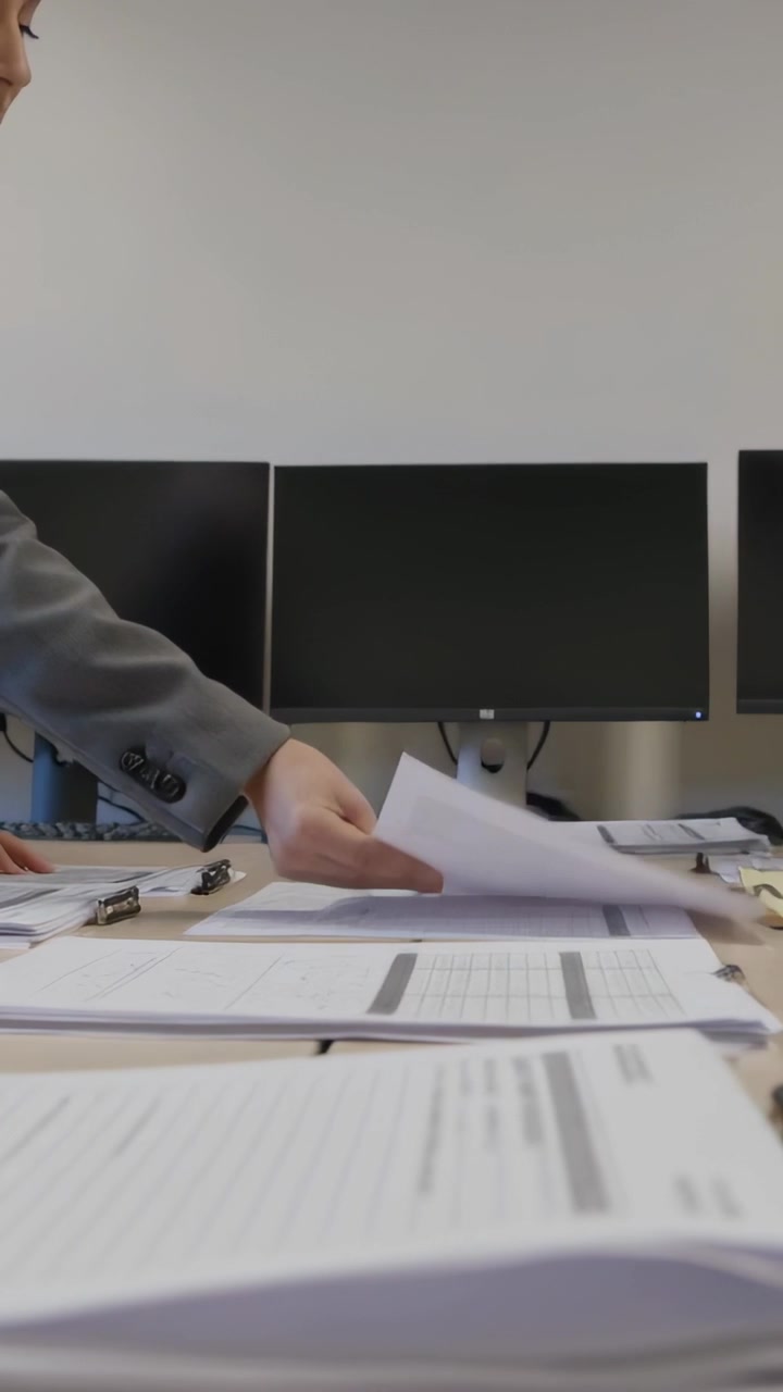 Video verticale: Uomo in giacca e cravatta che raccoglie documenti e allinea fascicoli sulla scrivania per l'archiviazione, con spazio per il testo