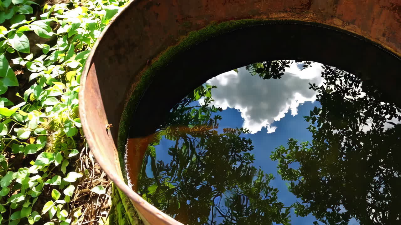 Rusty Barrel Reflecting Sky and Clouds