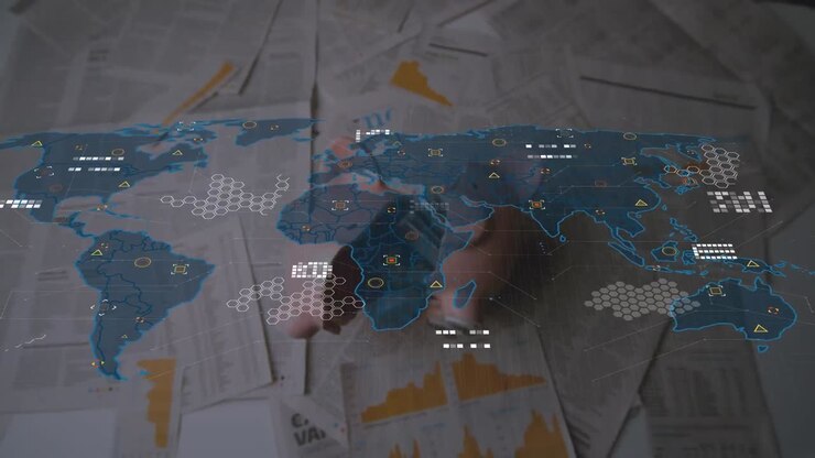 Animation of data processing and world map over documents