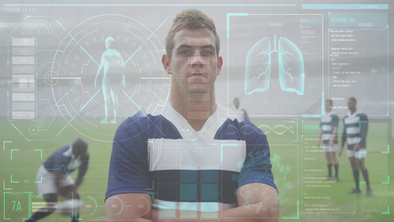 Animation of digital interface with covid 19 medical data processing over rugby players