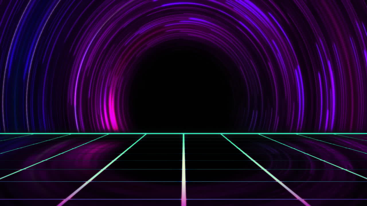 piso de cuadrícula de neón y túnel púrpura brillante, fondo de animación retro-futurista