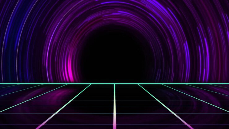 Neon grid floor and glowing purple tunnel, retro-futuristic animation background