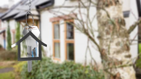 Animation-of-hanging-house-keys-against-blurred-view-of-house-exterior