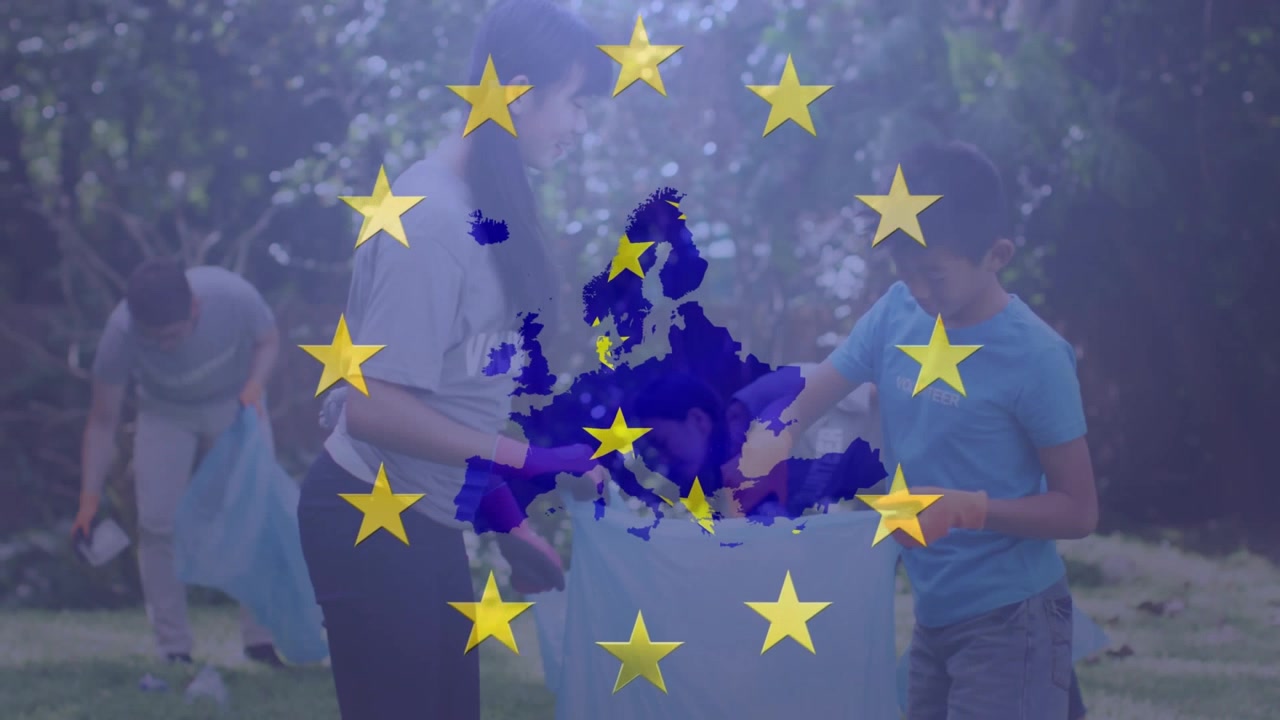 Animazione della bandiera dell'UE su diversi volontari che puliscono un parco