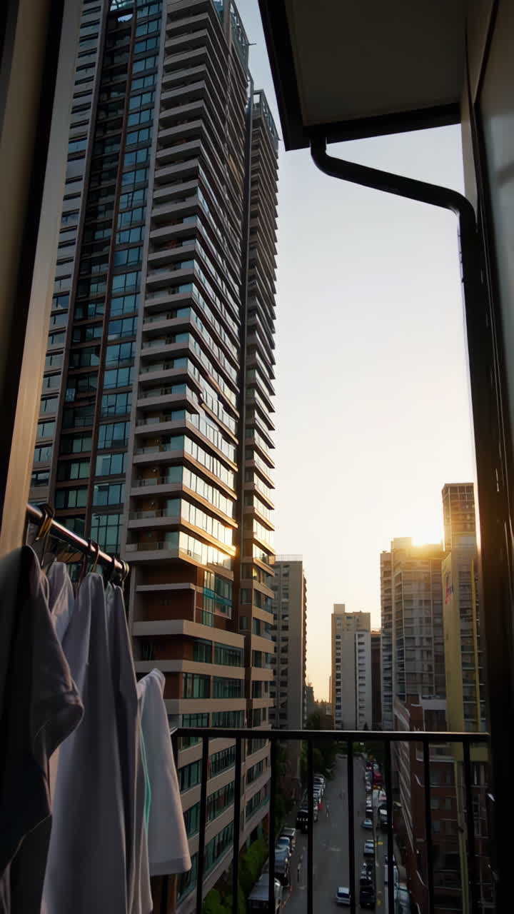 Cityscape View from Balcony at Sunset with Laundry Drying