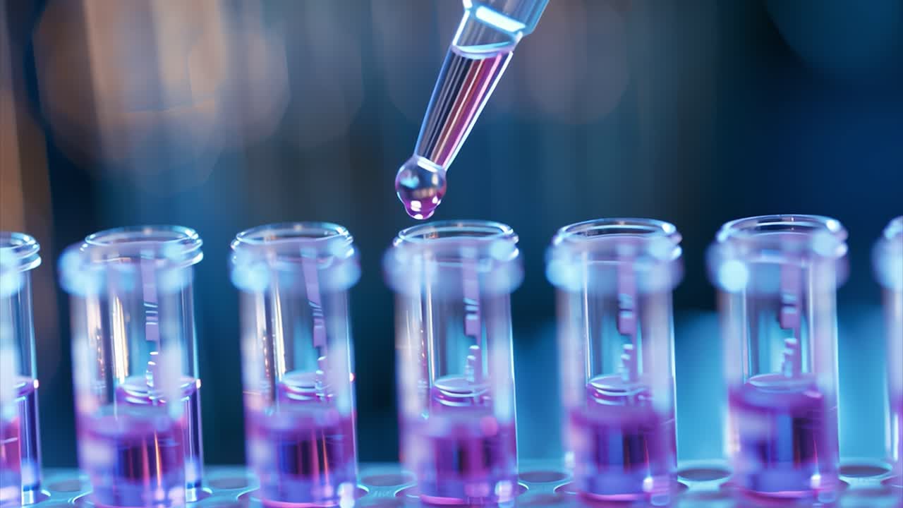 Scientist dripping purple chemical liquid in test tubes in laboratory