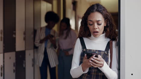 College-student,-phone-and-woman-reading-bad-news