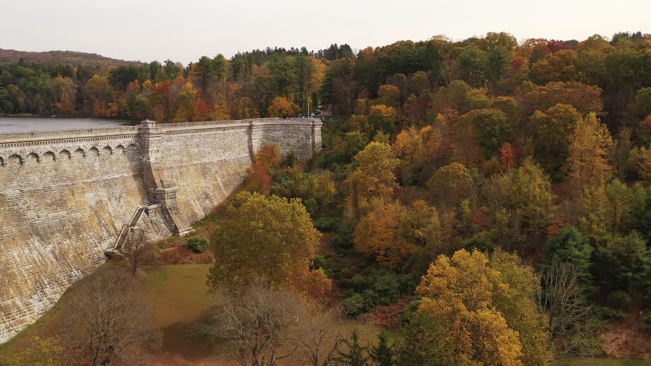 pedestal aéreo disparó hacia abajo sobre las copas de los árboles de color naranja en otoño con la pared de 297 pies de la presa a la vista