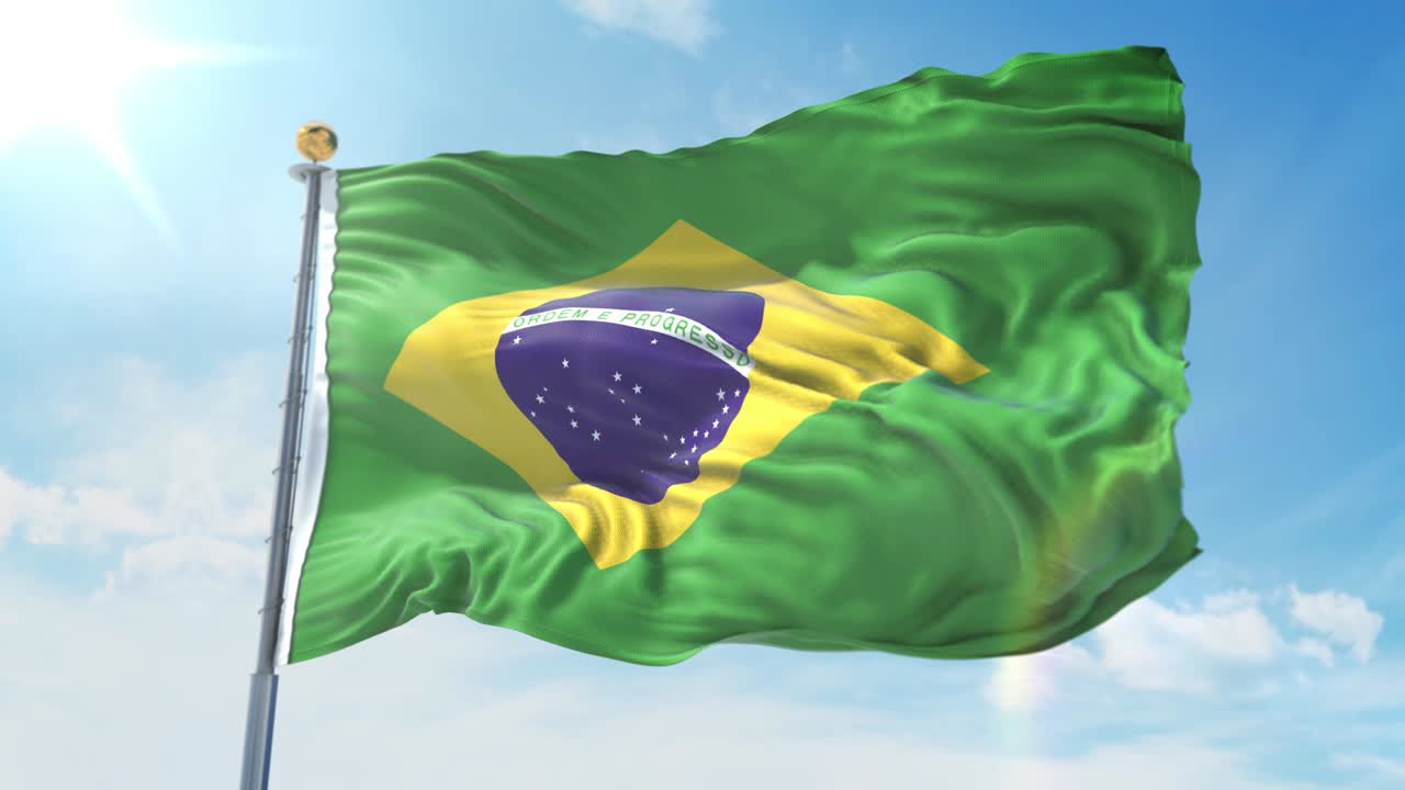 bandera brasileña ondeando en el viento contra el cielo azul profundo. tema nacional, concepto internacional. render 3d bucle sin costuras 4k