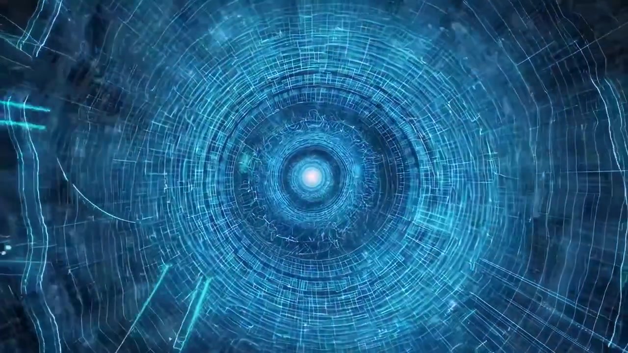 Abstract Digital Tunnel with Glowing Blue Light Rings