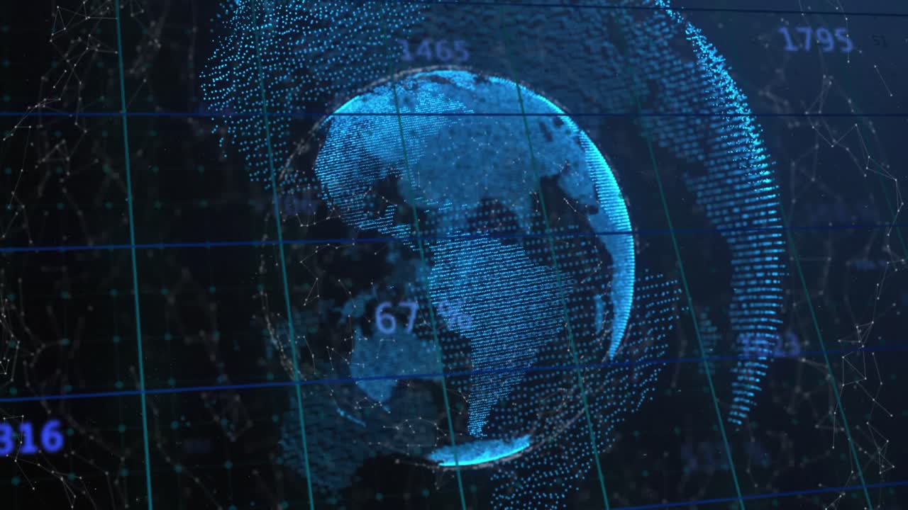 Animation of changing numbers with connected dots around globes against abstract background