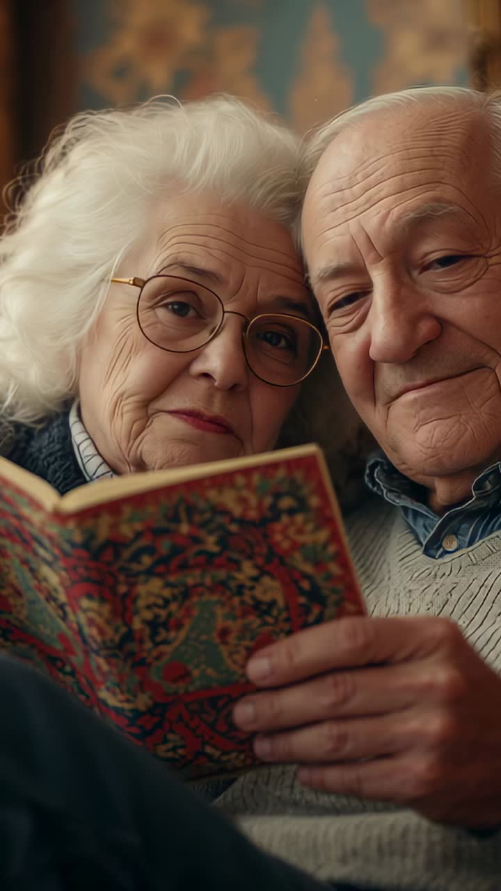 Vertical video: Opening ornate patterned book, senior couple reading in living room, sharing joy