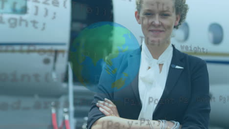 businesswoman uses tech for data processing by plane, symbolizing business travel.