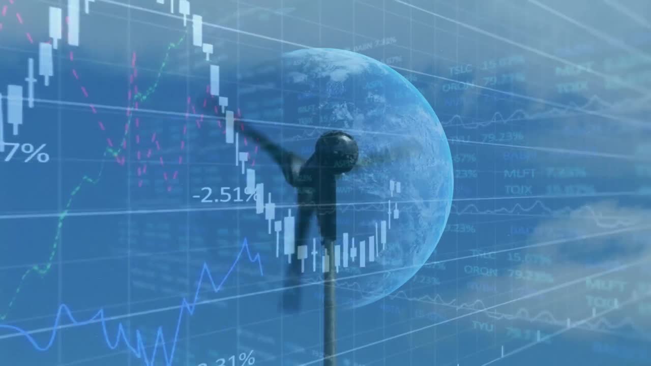 금융 데이터 처리의 애니메이션과 풍력 터빈 위의 지구