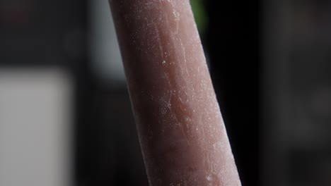 caucasian hand holds a chocolate frozen tube ice cream, close up shot in focus