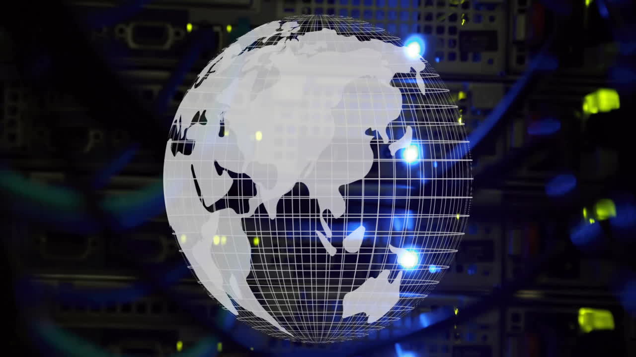 Globo con animazione di luci blu sopra rack di server in un data center.