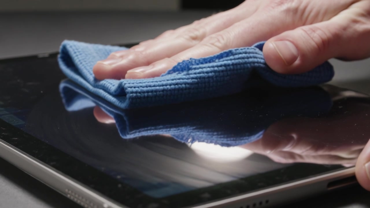 Mano che posiziona un panno blu, preme e pulisce un tablet sul tavolo, eliminando le macchie sotto la luce.