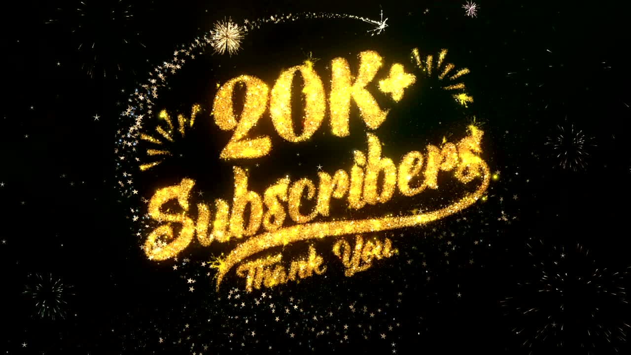 화려한 불꽃놀이 4k 배경과 함께 빛나는 어두운 밤 하늘을 밝히는 반이는 입자와 반이는 불꽃으로 만든 20k 가입자 인사 및 소원 카드.