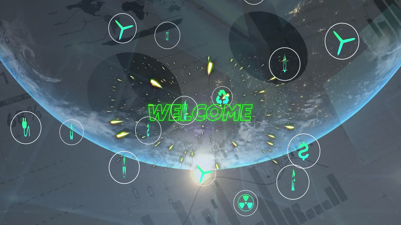 회색 배경 위에 지구상에 떨어지는 아이콘의 애니메이션