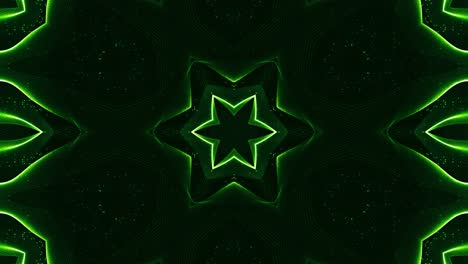 el fondo 3d de ciencia ficción en bucle de 4k con partículas verdes brillantes forman líneas, superficies, patrones, estructuras de caleidoscopio. estructuras de puntos simétricos de abstracción en movimiento.