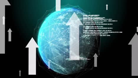 Animación-De-Flechas,-Datos,-Conexiones-Y-Globo-Sobre-Fondo-Negro