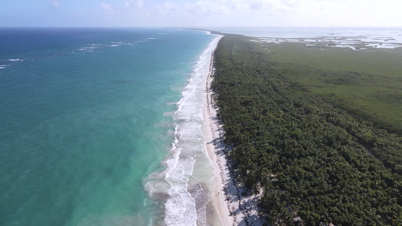 Drone perspective of Tulum’s crystal-clear waters and white sand shores, Mexico
