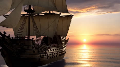 a grand sailing ship sails on the ocean at sunset