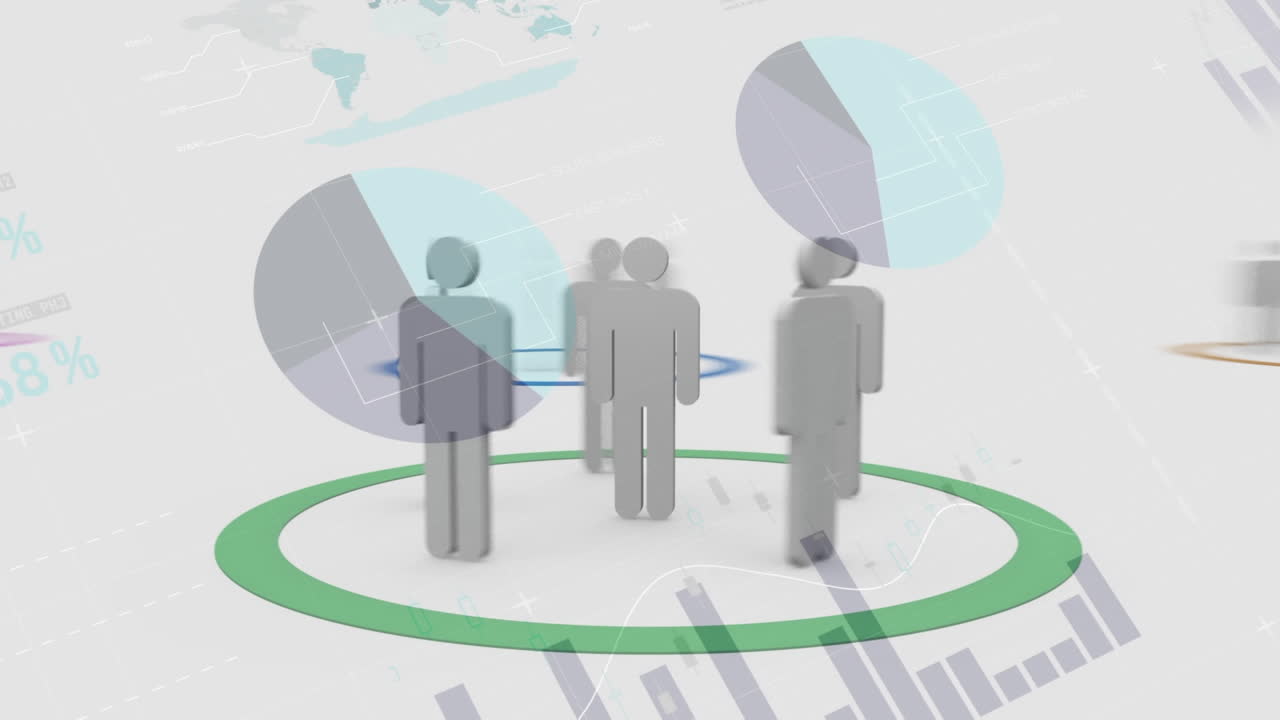 사람들과의 연결 네트워크의 애니메이션 아이콘과 금융 데이터 처리