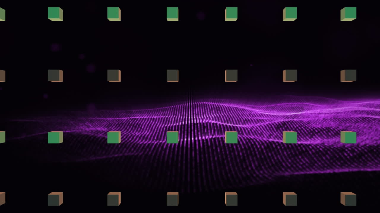검은색 배경에 초록색 큐브의 줄 위에 보라색 mesh의 애니메이션