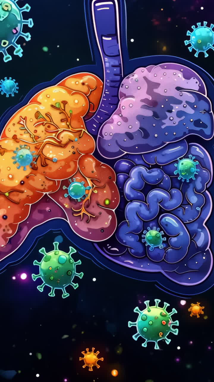 A colorful drawing of a human body with a virus in the lungs. The drawing is vibrant and eye-catching, but it also conveys a sense of danger and illness. The use of bright colors